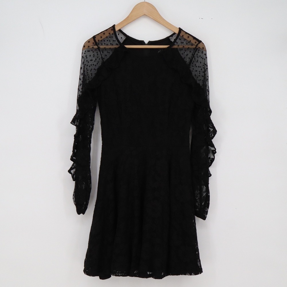 City Triangles Dress Womens 7 Black Lace Mesh Ruffle Sleeves Excellent